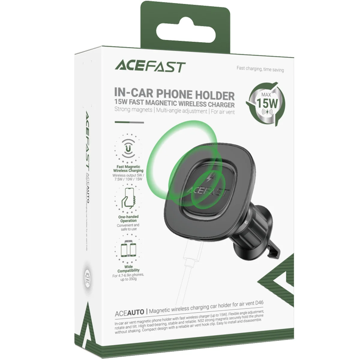 Автодержатель с БЗУ Acefast D46 QI2 Magnetic Charging 15W (air outlet) Black