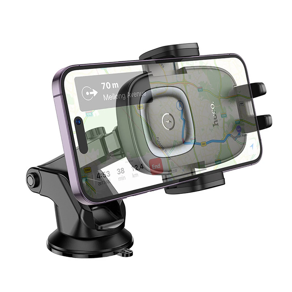 Автоутримувач із БЗУ Hoco HW32 Crown push-type (center console) Black / Metal gray