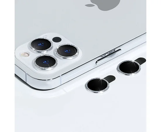 Защитное стекло Metal Sparkles на камеру (в упак.) для Apple iPhone 15 Pro (6.1") /15 Pro Max (6.7") Серебряный / Silver