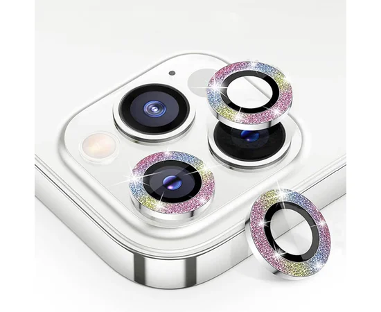 Захисне скло Metal Sparkles на камеру (в упак.) Apple iPhone 15 Pro (6.1") /15 Pro Max (6.7") Бузковий / Rainbow