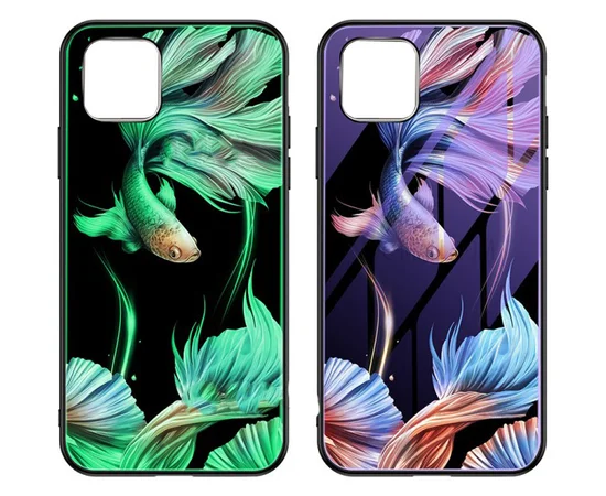 TPU+Glass чехол светящийся в темноте для Apple iPhone 11 Pro (5.8") Рыбка / Фиолетовый