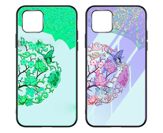 TPU+Glass чехол светящийся в темноте для Apple iPhone 11 (6.1") Бабочка с цветами / Бирюзовый