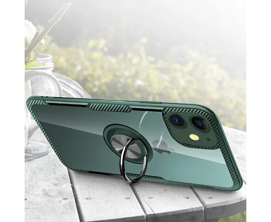 TPU+PC чехол Deen CrystalRing под магнитный держатель для Apple iPhone 11 (6.1") Бесцветный / Темно-зеленый
