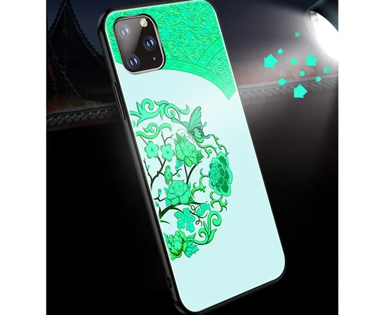 TPU+Glass чехол светящийся в темноте для Apple iPhone 11 (6.1") Бабочка с цветами / Бирюзовый