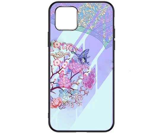 TPU+Glass чехол светящийся в темноте для Apple iPhone 11 (6.1") Бабочка с цветами / Бирюзовый