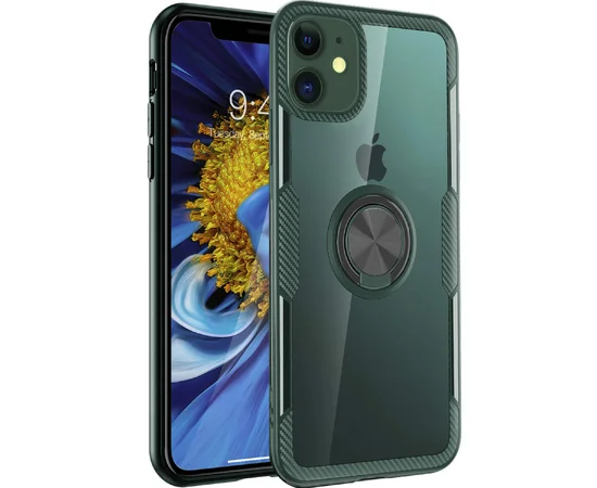 TPU+PC чехол Deen CrystalRing под магнитный держатель для Apple iPhone 11 (6.1") Бесцветный / Темно-зеленый