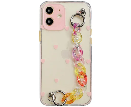 TPU+PC чехол Colorspot с ремешком-цепью для Apple iPhone 12 mini (5.4") Pink hearts