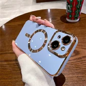 Силиконовый чехол "Luxury Plating" with MagSafe + стекло на камеру для Apple iPhone 14 Plus Стальной-Синий