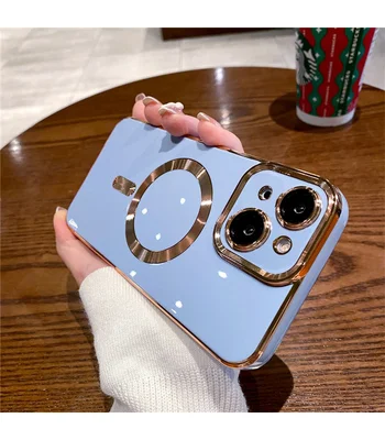 Силиконовый чехол "Luxury Plating" with MagSafe + стекло на камеру для Apple iPhone 13 Стальной-Синий