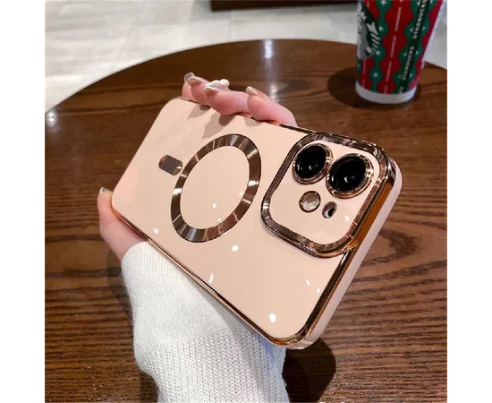 Силиконовый чехол "Luxury Plating" with MagSafe + стекло на камеру для Apple iPhone 12 Пудровый