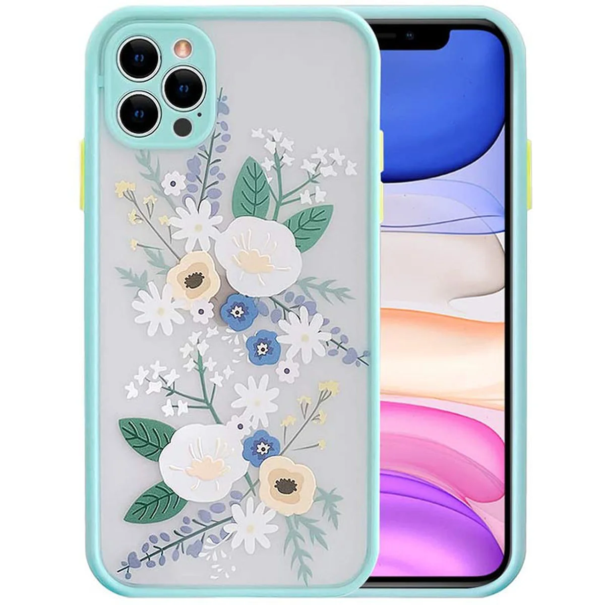 TPU+PC чехол Picture Color Buttons full camera для Apple iPhone 12 Pro (6.1") Бирюзовый / Цветы