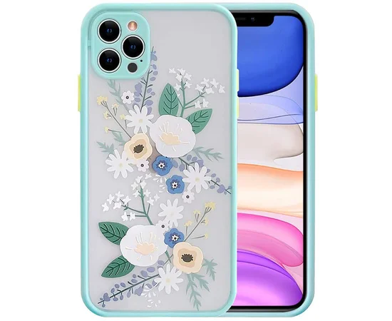 TPU+PC чехол Picture Color Buttons full camera для Apple iPhone 12 Pro (6.1") Бирюзовый / Цветы