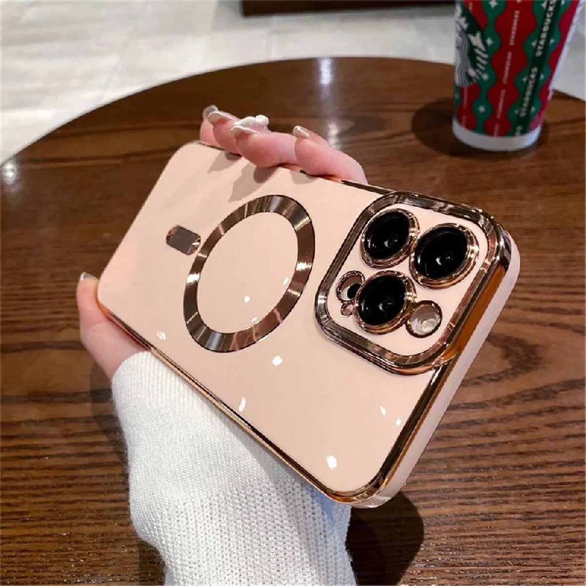 Силиконовый чехол "Luxury Plating" with MagSafe + стекло на камеру для Apple iPhone 12 Pro Max Пудровый