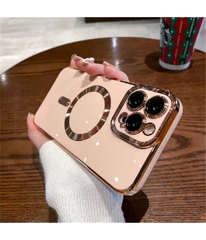 Силіконовий чохол "Luxury Plating" with MagSafe + скло на камеру для Apple iPhone 12 Pro Max Пудровий