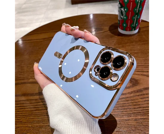 Силиконовый чехол "Luxury Plating" with MagSafe + стекло на камеру для Apple iPhone 12 Pro Max Стальной-Синий