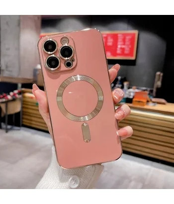 Силіконовий чохол "Luxury Plating" with MagSafe + скло на камеру для Apple iPhone 14 Pro Max Рожевий