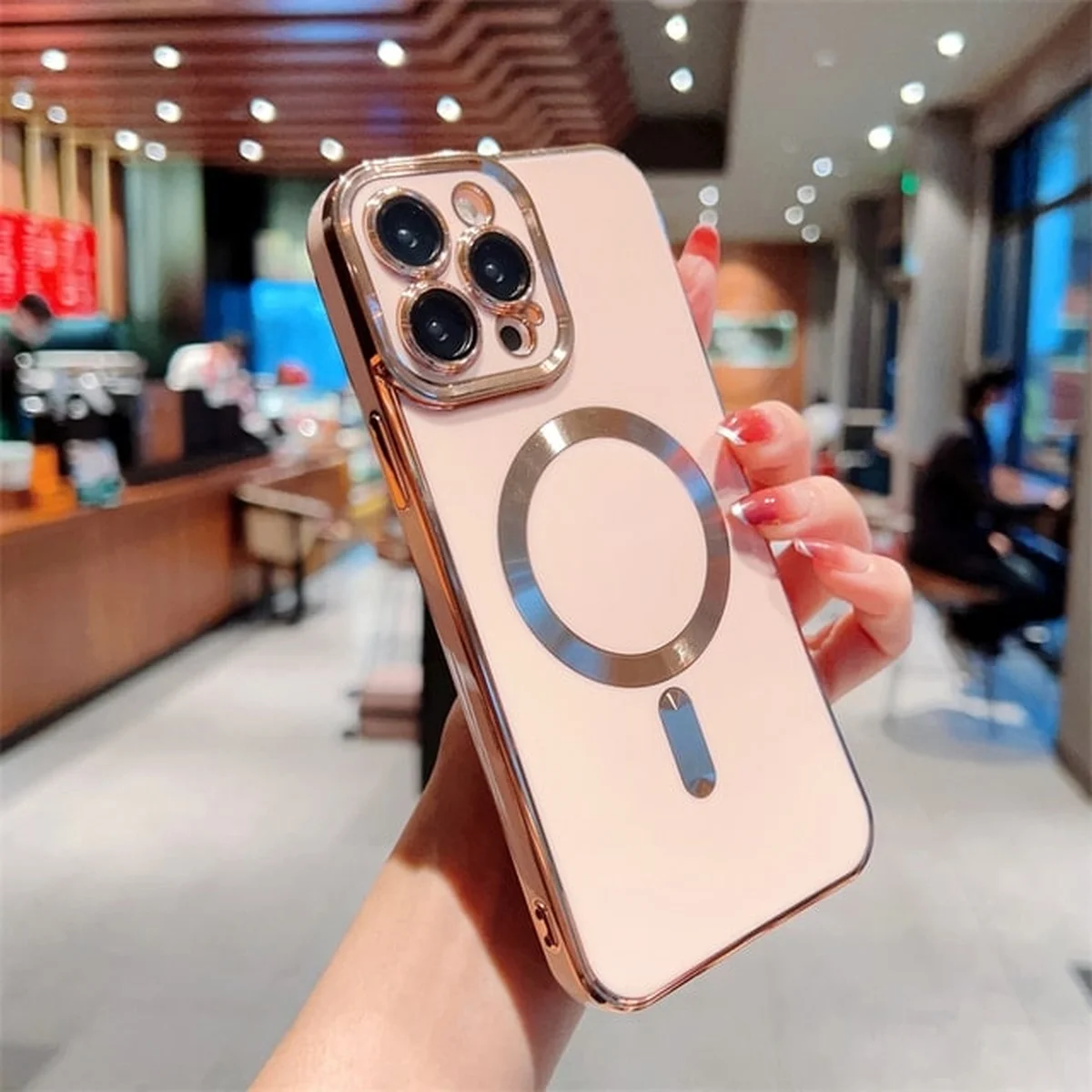 Силиконовый чехол "Luxury Plating" with MagSafe + стекло на камеру для Apple iPhone 12 Pro Max Пудровый