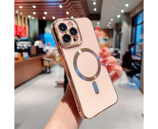 Силиконовый чехол "Luxury Plating" with MagSafe + стекло на камеру для Apple iPhone 12 Pro Max Пудровый