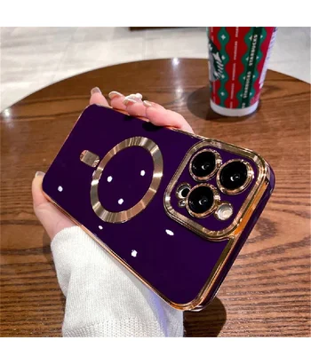 Силіконовий чохол "Luxury Plating" with MagSafe + скло на камеру для Apple iPhone 15 Pro Max Темно-фіолетовий