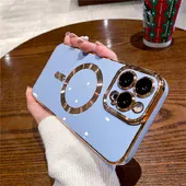 Силиконовый чехол "Luxury Plating" with MagSafe + стекло на камеру для Apple iPhone 15 Pro Max Стальной-Синий