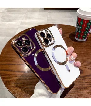 Силиконовый чехол "Luxury Plating" with MagSafe + стекло на камеру для Apple iPhone 13 Pro Темно-фиолетовый