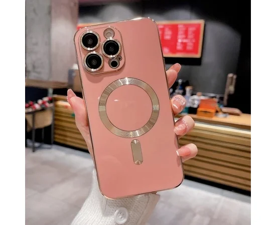 Силиконовый чехол "Luxury Plating" with MagSafe + стекло на камеру для Apple iPhone 13 Pro Max Розовый