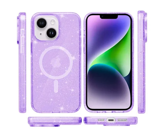 Чехол TPU Galaxy Sparkle (MagFit) для Apple iPhone 13 / 14 (6.1") Purple+Glitter