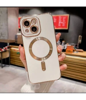 Силиконовый чехол "Luxury Plating" with MagSafe + стекло на камеру для Apple iPhone 14 Plus Белый