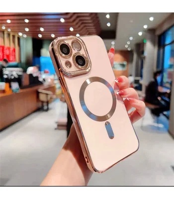 Силиконовый чехол "Luxury Plating" with MagSafe + стекло на камеру для Apple iPhone 14 Пудровый