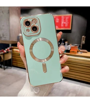 Силіконовий чохол "Luxury Plating" with MagSafe + скло на камеру для Apple iPhone 14 Бірюзовий