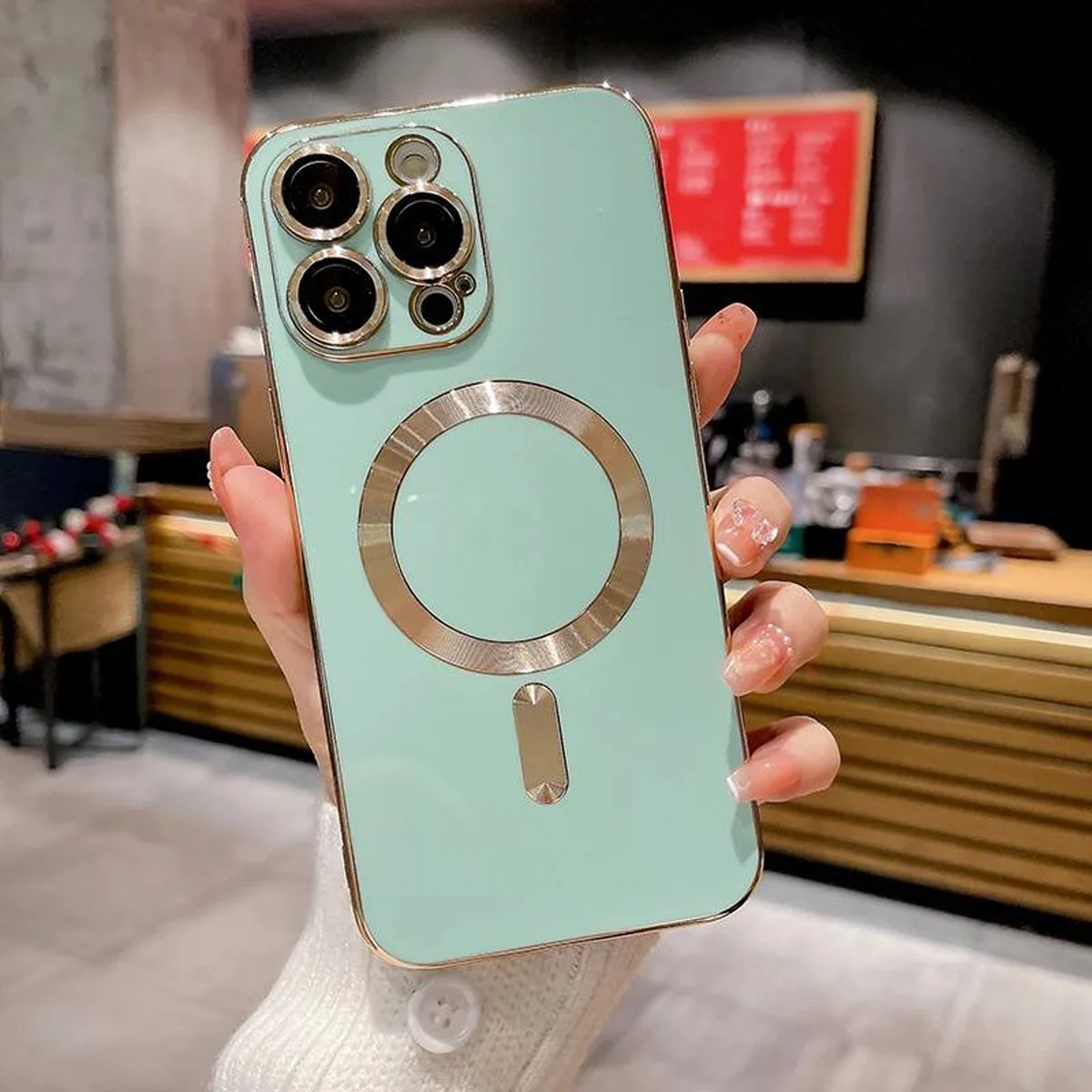 Силиконовый чехол "Luxury Plating" with MagSafe + стекло на камеру для Apple iPhone 13 Pro Max Бирюзовый