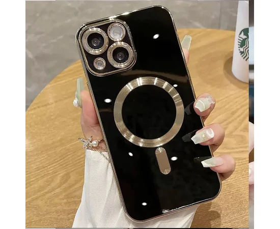 Силіконовий чохол "Luxury Plating" with MagSafe + скло на камеру для Apple iPhone 14 Чорний