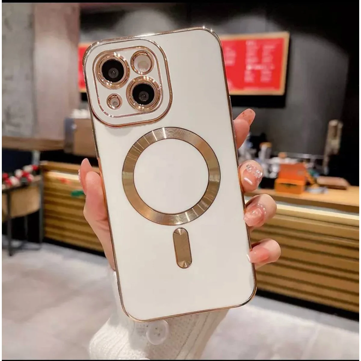 Силиконовый чехол "Luxury Plating" with MagSafe + стекло на камеру для Apple iPhone 14 Plus Белый