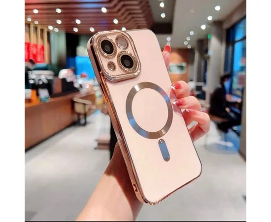 Силиконовый чехол "Luxury Plating" with MagSafe + стекло на камеру для Apple iPhone 14 Пудровый