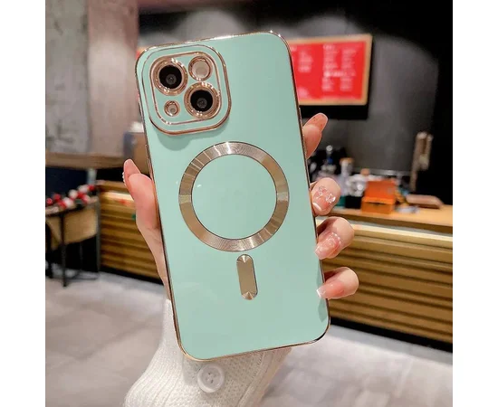 Силіконовий чохол "Luxury Plating" with MagSafe + скло на камеру для Apple iPhone 14 Бірюзовий