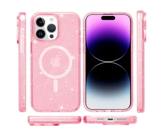 Чехол TPU Galaxy Sparkle (MagFit) для Apple iPhone 14 Pro (6.1") Pink+Glitter