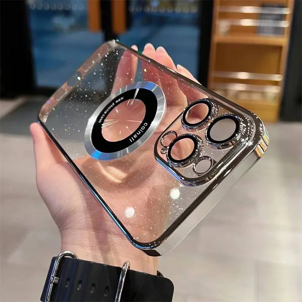 Пластиковый чехол "Luxury Diamond" с блестками with MagSafe для iPhone 15 Pro Серебряный