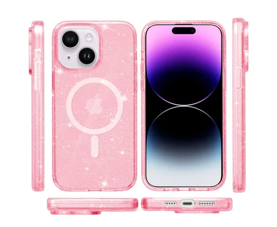 Чехол TPU Galaxy Sparkle (MagFit) для Apple iPhone 15 (6.1") Pink+Glitter