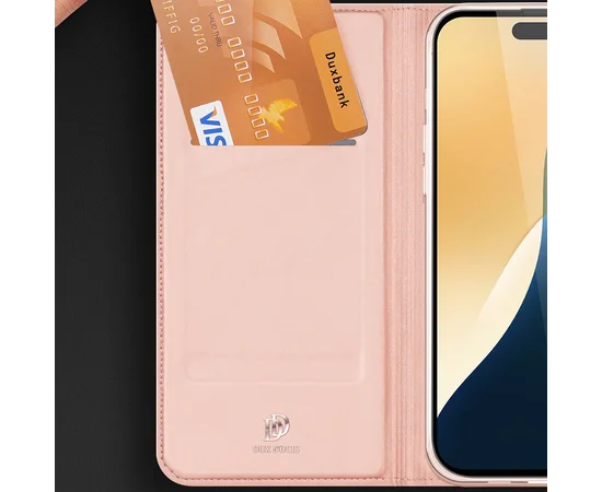 Чохол-книжка Dux Ducis з кишенею для візиток для Apple iPhone 16 Pro (6.3") Rose Gold