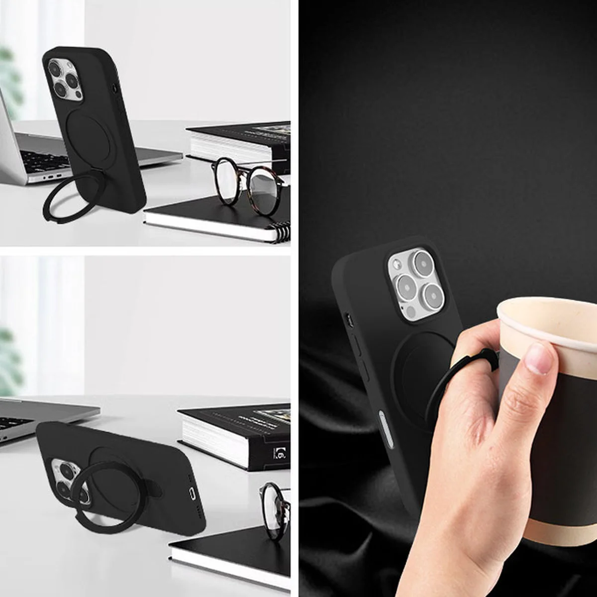 Чехол Silicone Case Full Protective NO LOGO with Ring для Apple iPhone 16 Pro (6.3") Black