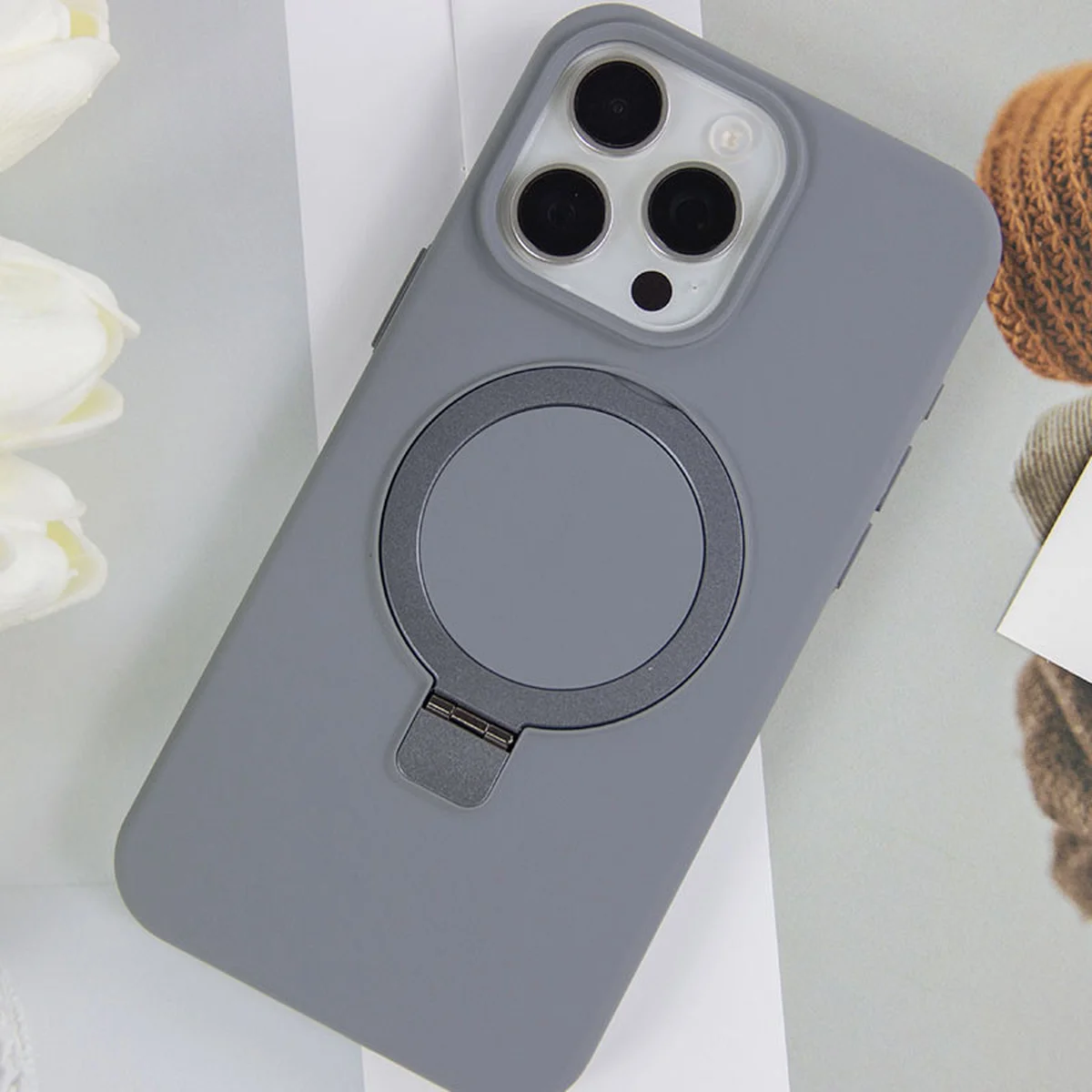 Чехол Silicone Case Full Protective NO LOGO with Ring для Apple iPhone 16 Pro (6.3") Grey