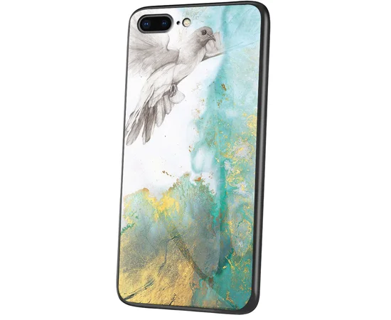 TPU+Glass чехол Luxury Marble для Apple iPhone 7 plus / 8 plus (5.5") Птица / Бирюзовый
