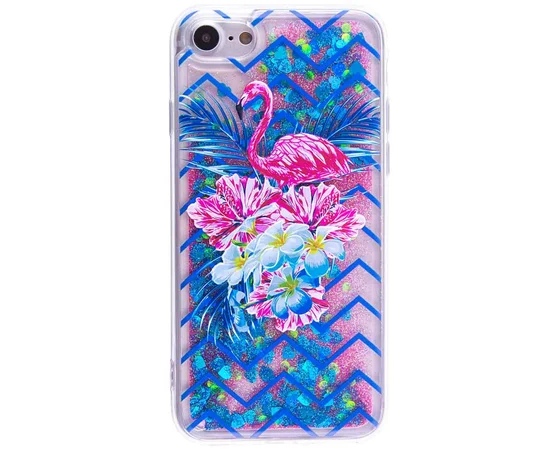 TPU+PC чехол Liquid (glitter) для Apple iPhone 7 / 8 (4.7") (5) Розово-синий фламинго с букетом