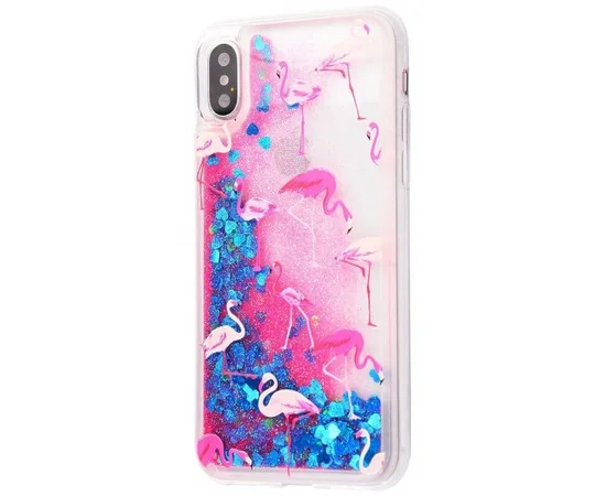 TPU+PC чехол Liquid (glitter) для Apple iPhone X/XS (12) Розово-синий фламинго