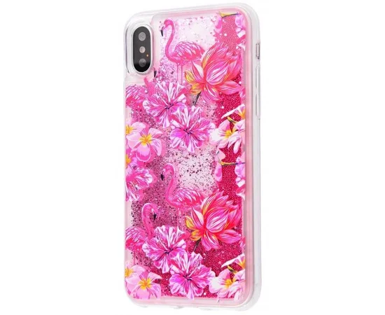 TPU+PC чехол Liquid (glitter) для Apple iPhone X/XS (9) Красный фламинго