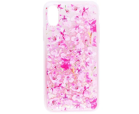 TPU+PC чехол Liquid (glitter) для Apple iPhone X/XS (6) Светло розовый цветы