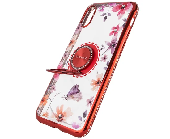 TPU чехол Shengo со стразами и кольцом-держателем для Apple iPhone X / XS (5.8") Красный