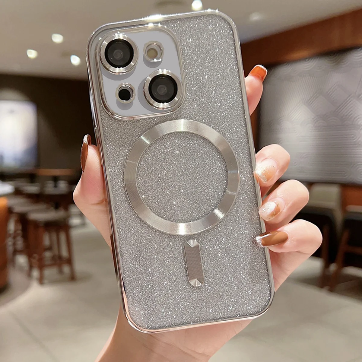 Силиконовый чехол "Shining Plating" with MagSafe для iPhone 14 Серебряный