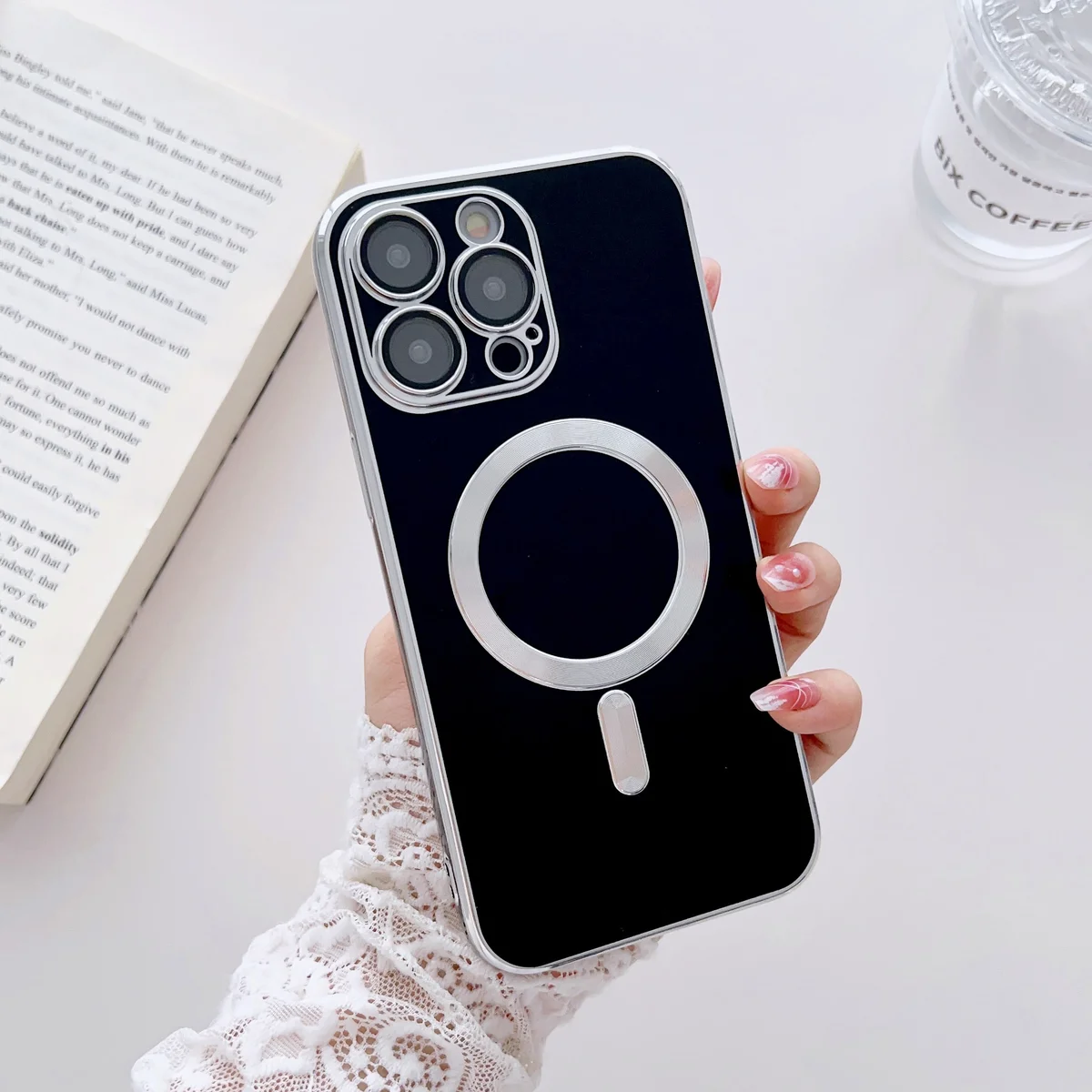 Силиконовый чехол "Silver Plating" with MagSafe для Apple iPhone 14 Pro Max Черный