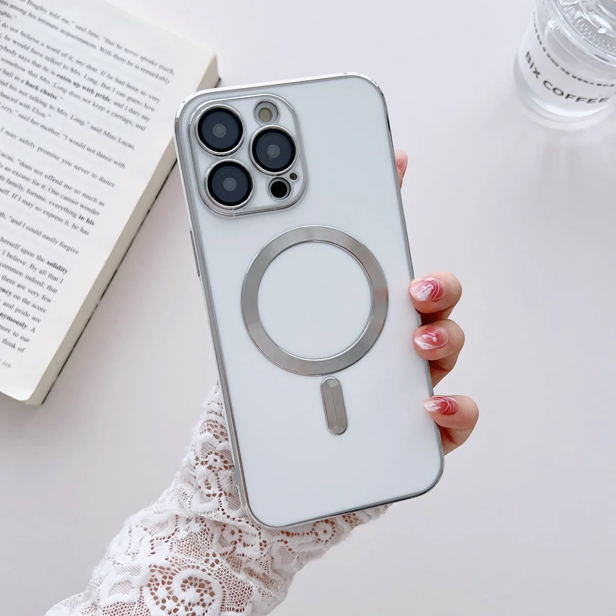 Силиконовый чехол "Silver Plating" with MagSafe для Apple iPhone 14 Pro Max Белый